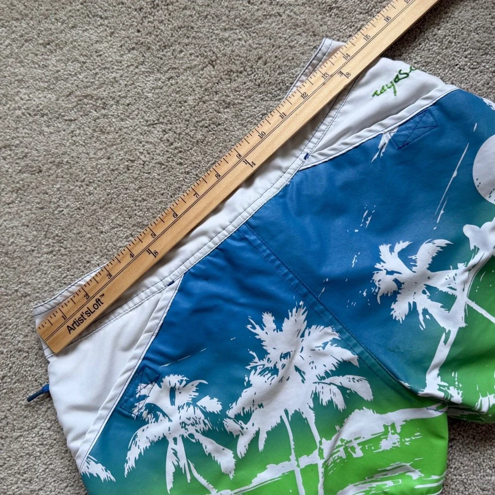 Y2K Raya Sun Women Blue Green Tropical Palm Tree Board Shorts Size S